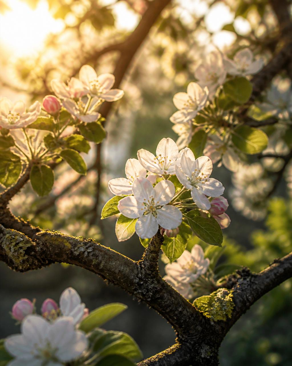 Sun-dappled apple blossoms on a gnarled branch